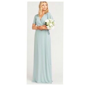 SMYM Sophia Wrap Hi-Lo Bridesmaid in Silver Sage